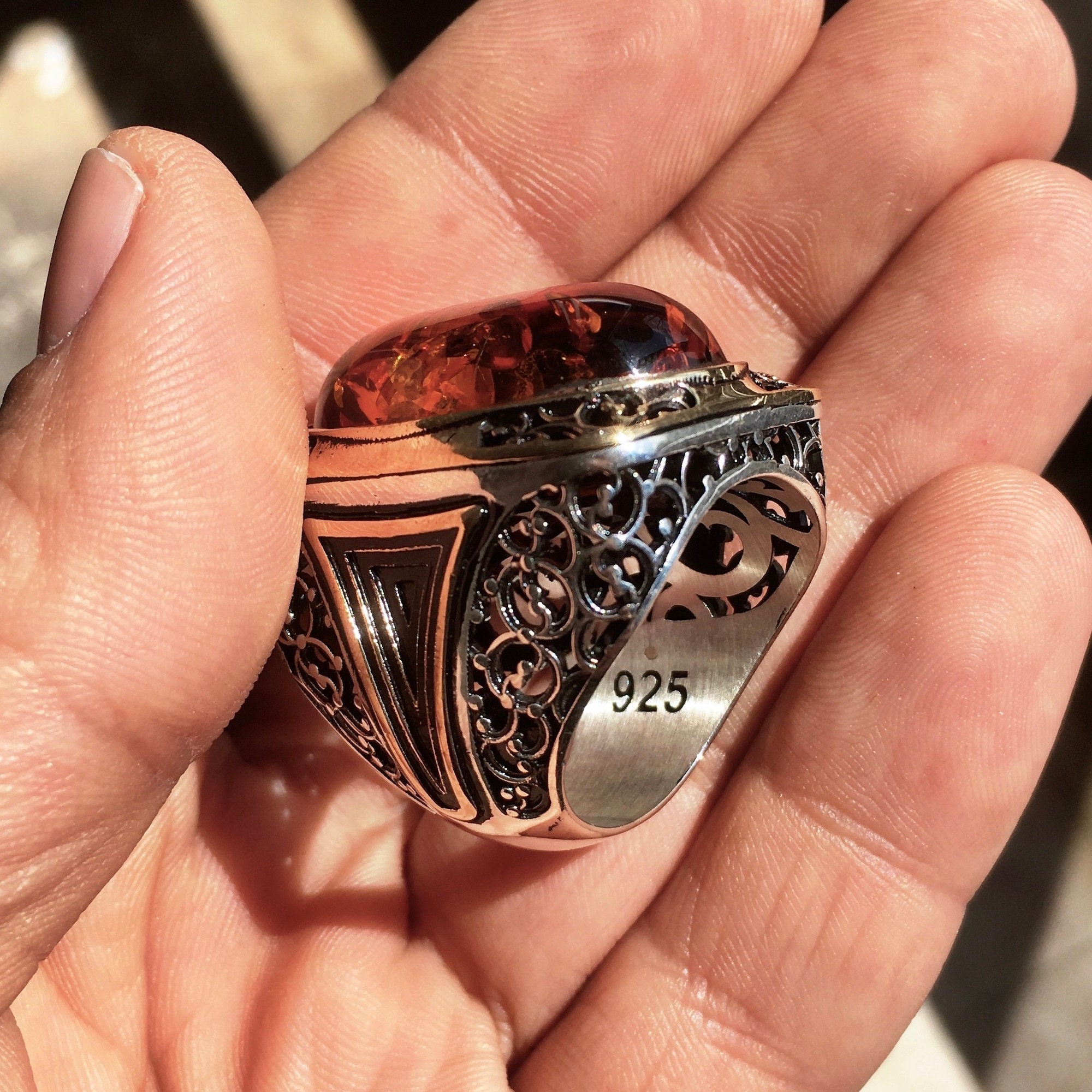 Silver Mens Ring Bold Chunky Design Big Amber Stone Solid