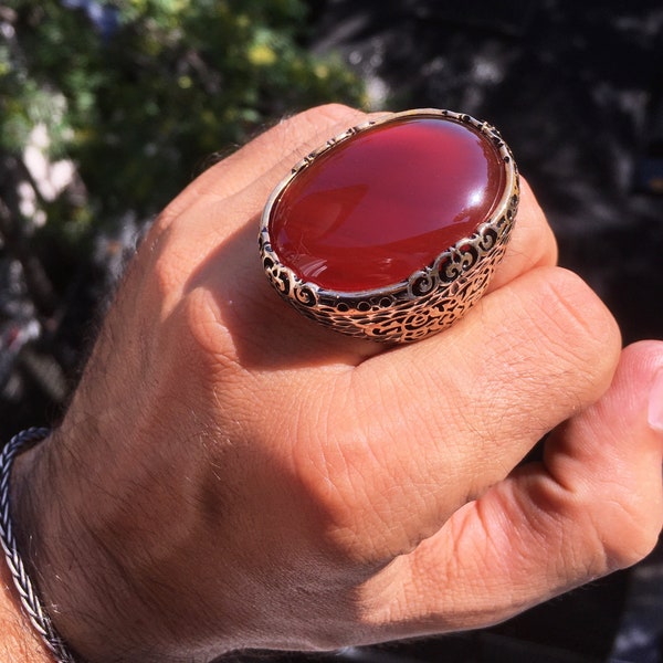 Large Mens Ring Carnelian Aqeeq Sterling Silver 925 unique handcrafted artisan jewelry