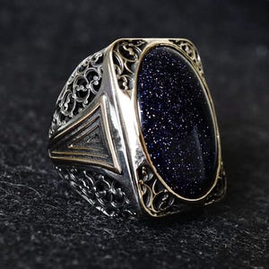 Silber Bold Statement Ring Aventurin Stein solid Sterling 925 natürlichen glitzernden Starstone handgemachter Herrenschmuck