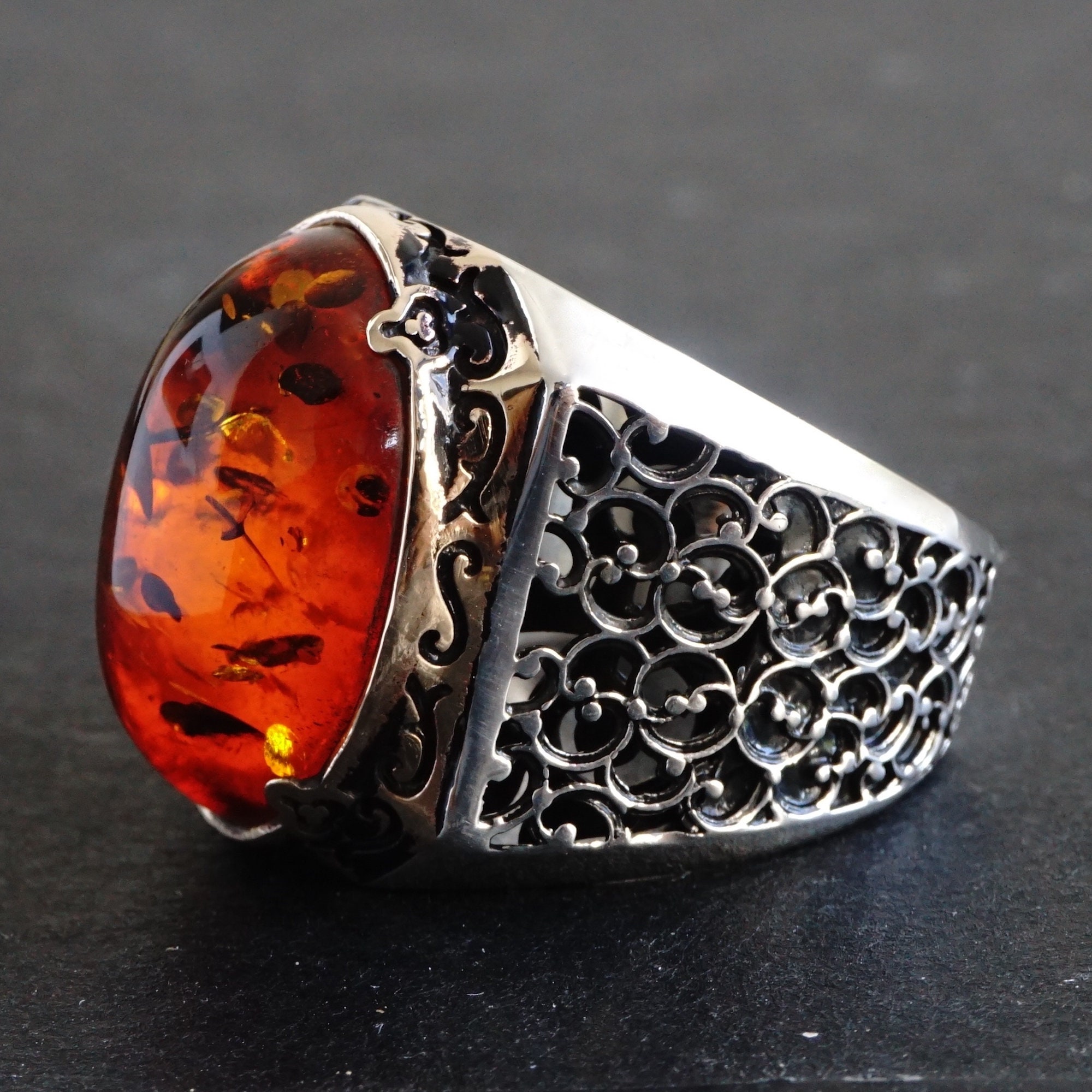 925 Sterling Silver Mens Ring Bakelite Amber Unique Handmade - Etsy