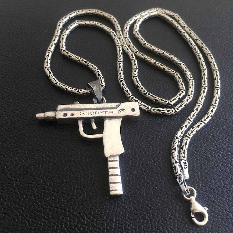 Sterling Silver UZI Pendant & Kings Chain Necklace round solid | Etsy