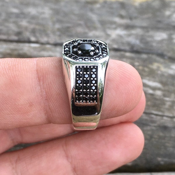 Sterling Silver Mens Pave Signet Ring Black Diamond Turkish Artisan Designer Jewelry