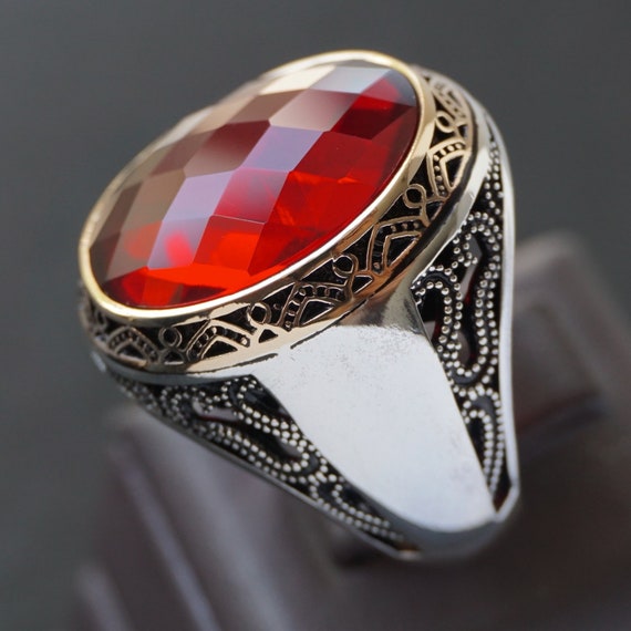 Mens Ring Red Ruby 925 Sterling Silver Unique Artisan Jewelry