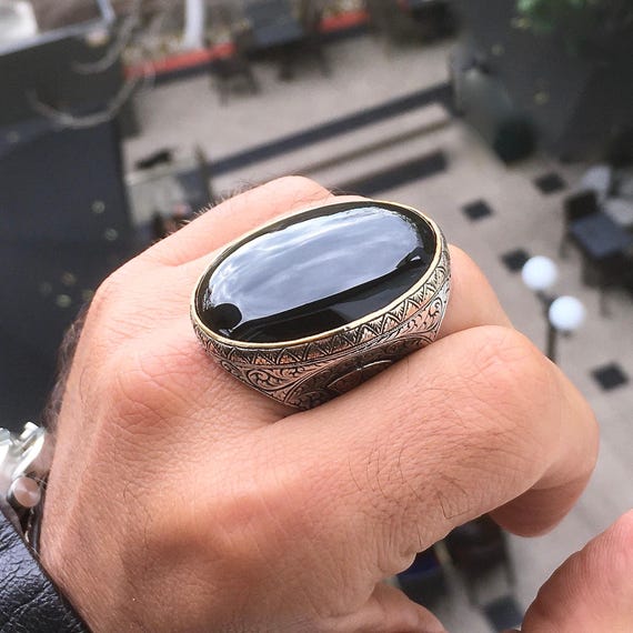Men's Sterling Silver 4 Carat Black Onyx Solitaire Ring - Size 10, Handmade Bold Statement Ring