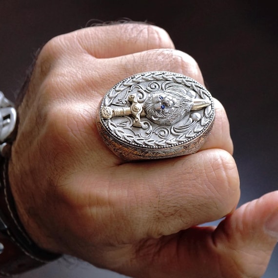 Handmade Sterling Silver King Lion Ring with Sapphire Eyes - Bold Statement Jewelry Unique Style