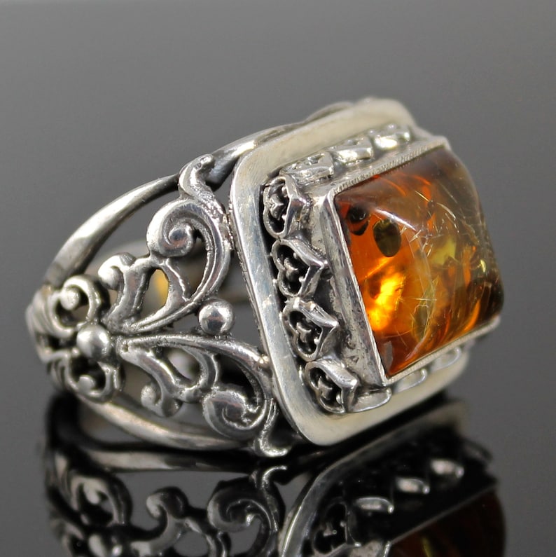 925 Sterling Silver Mens Ring Unique Handmade natural fire Amber size 9.5 US