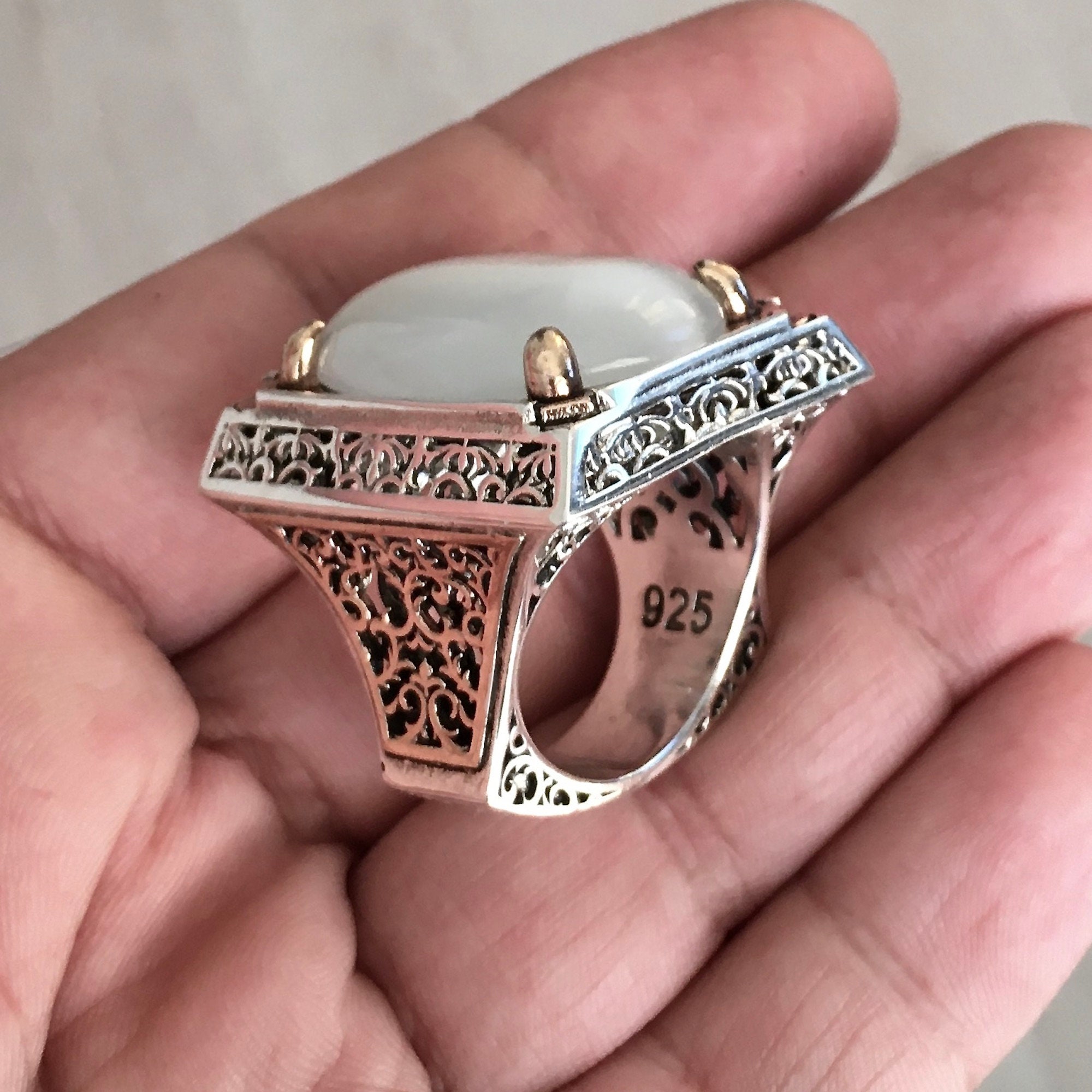 Silver Cats Eye Moonstone Mens Ring Bold Heavy 925 Sterling