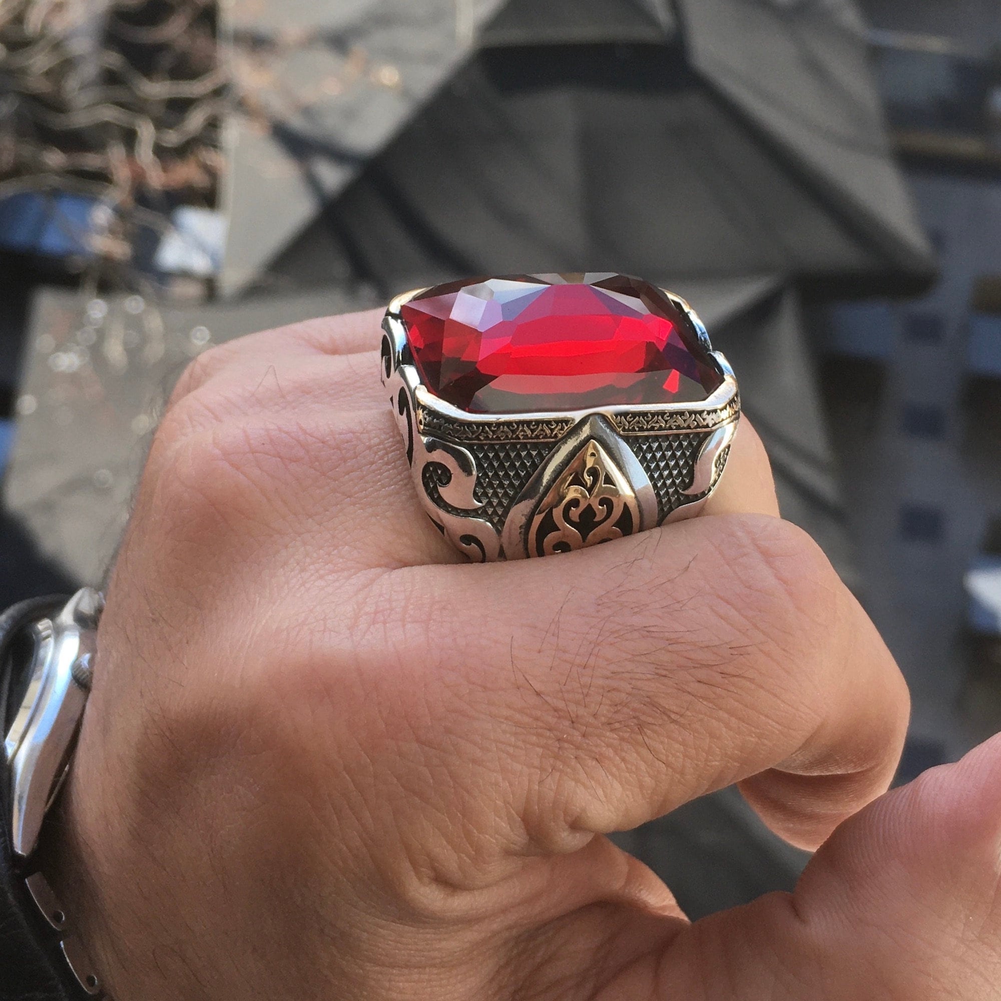 Silver Bold Statement Red Zirconia Mens Ring Large Stone Sterling