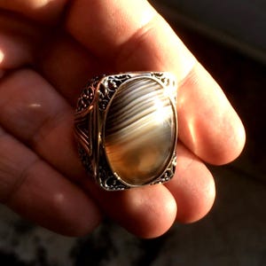 Sterling Silver Big Mens Ring Banded Botswana Agate Aqeeq Extraordinary Unique Jewelry