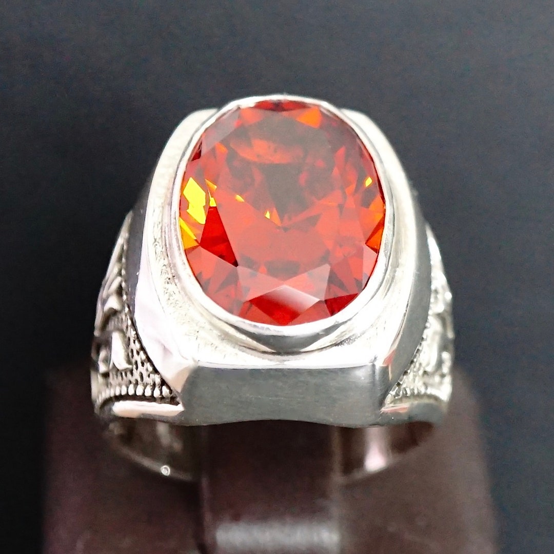 Silver Mens Signet Ring Garnet Gemstone Solid 925 Sterling Unique ...