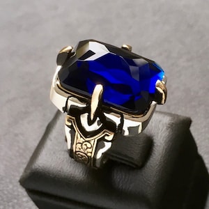 Sterling Silver Mens Ring Blue Sapphire Statement Ring Solid Artisan Jewelry