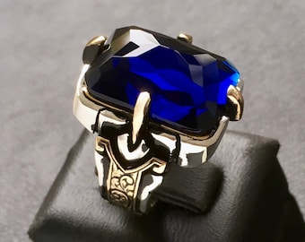 Sterling Silver Mens Ring Blue Sapphire Statement Ring Solid Artisan Jewelry