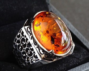 Unique Mens Ring Silver Amber Bakelite 925 Sterling Handmade Jewelry ...