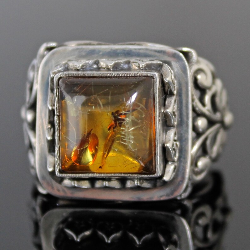 925 Sterling Silver Mens Ring Unique Handmade natural fire Amber size 9.5 US