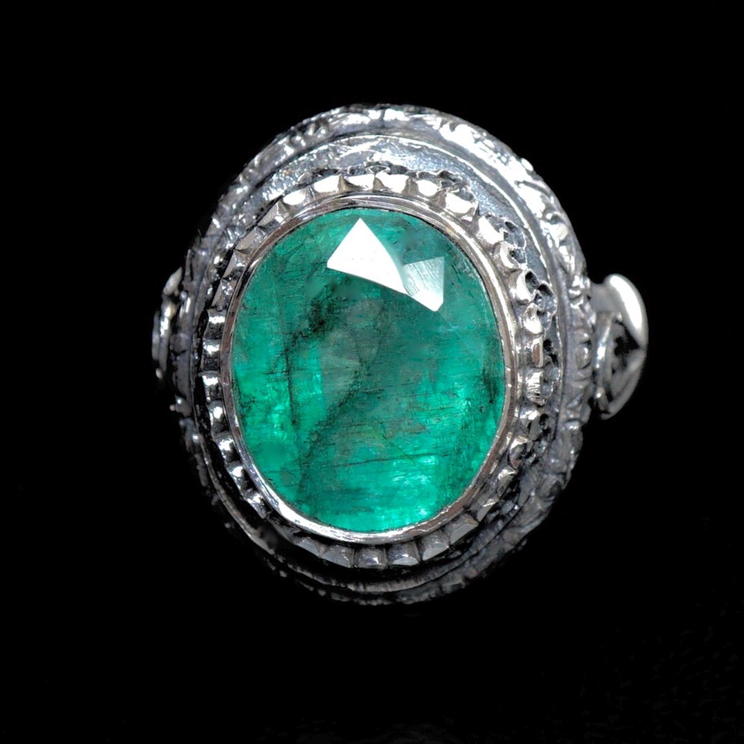 Silver Beryl Rings Handcrafted Emerald Beryl Mens Ring: Engraved Sterling Silver Turkish ...