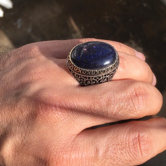 Mens Ring 925 Sterling Silver Blue Aventurine Unique Elegant artisan jewelry 