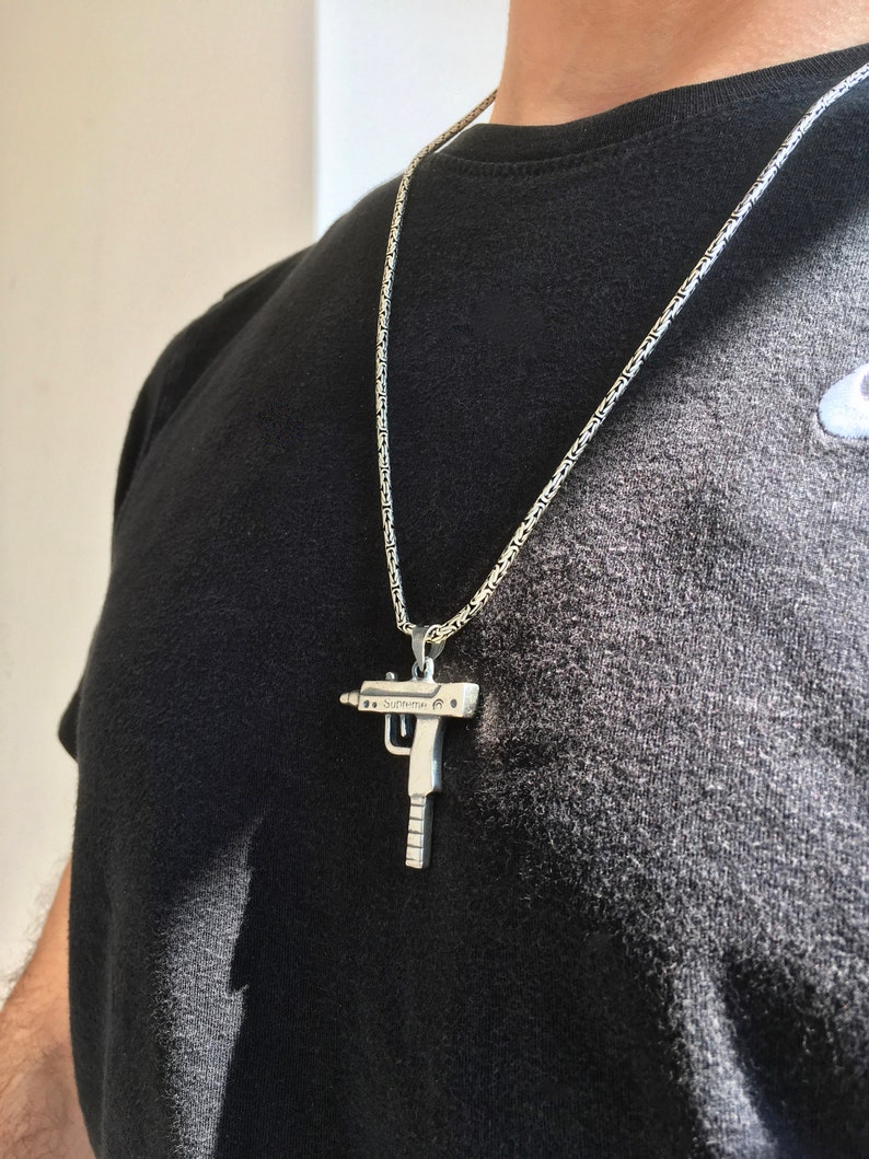 Sterling Silver UZI Pendant & Kings Chain Necklace Round Solid Etsy UK