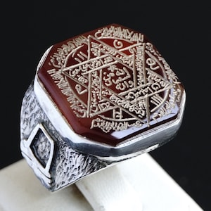 Mens Ring Seal of Solomon Sterling Silver Carnelian Agate Aqeeq handmade Talisman