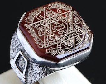Mens Ring Seal of Solomon Sterling Silver Carnelian Agate Aqeeq handmade Talisman