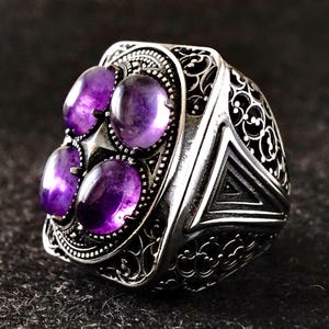 Men’s Bold Statement Ring | Solid 925 Sterling Silver with Natural Amethyst – Artisan Handmade Jewelry