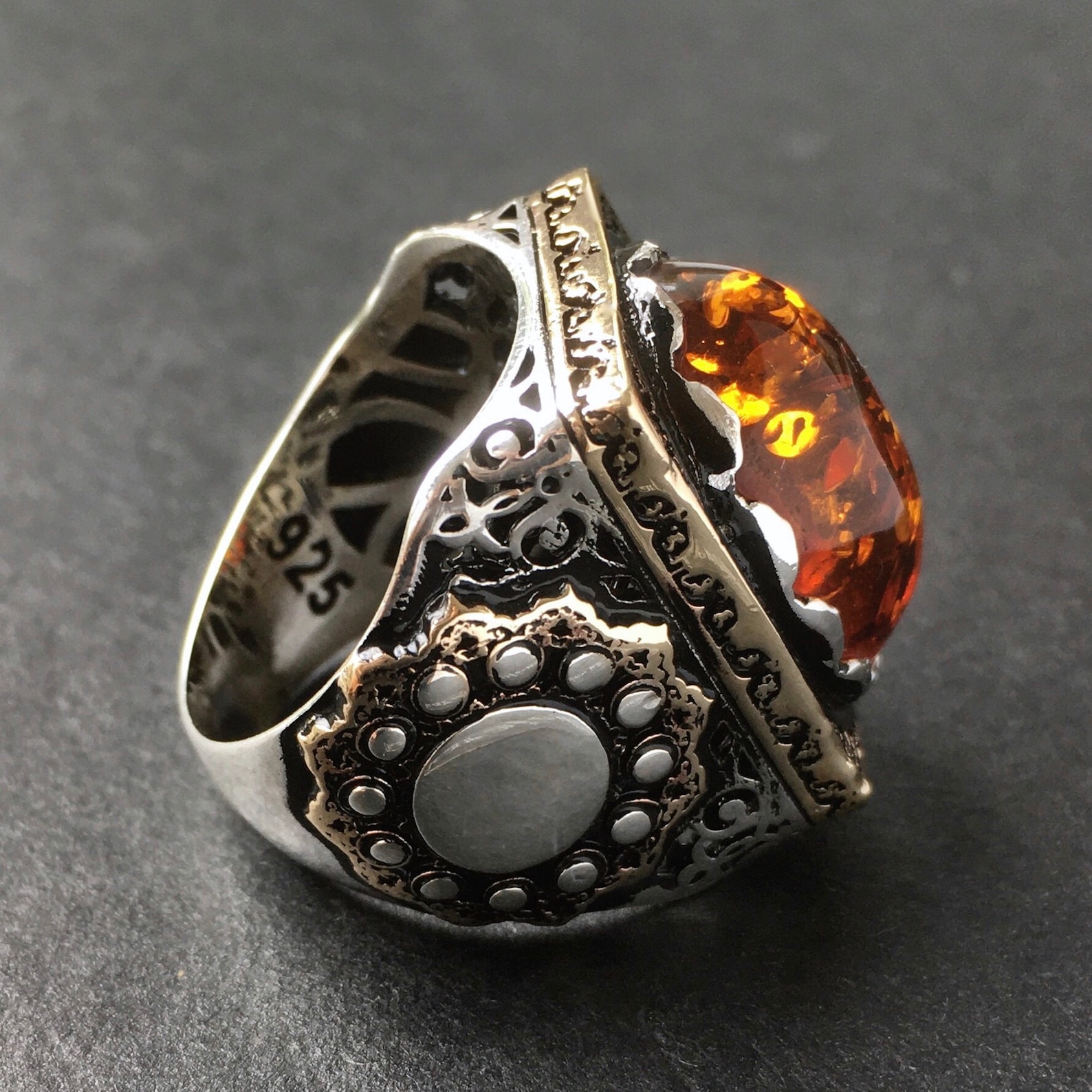 Silver Mens Ring Fire Amber 925 Sterling Unique Artisan Handmade ...
