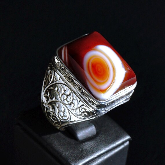 Handmade Sterling Silver Agate Ring: Engraved Sulemani Aqeeq Mens Jewelry