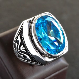 Swiss Blue Topaz Sterling Silver Ring Unique Handcrafted Mens Jewelry size 10
