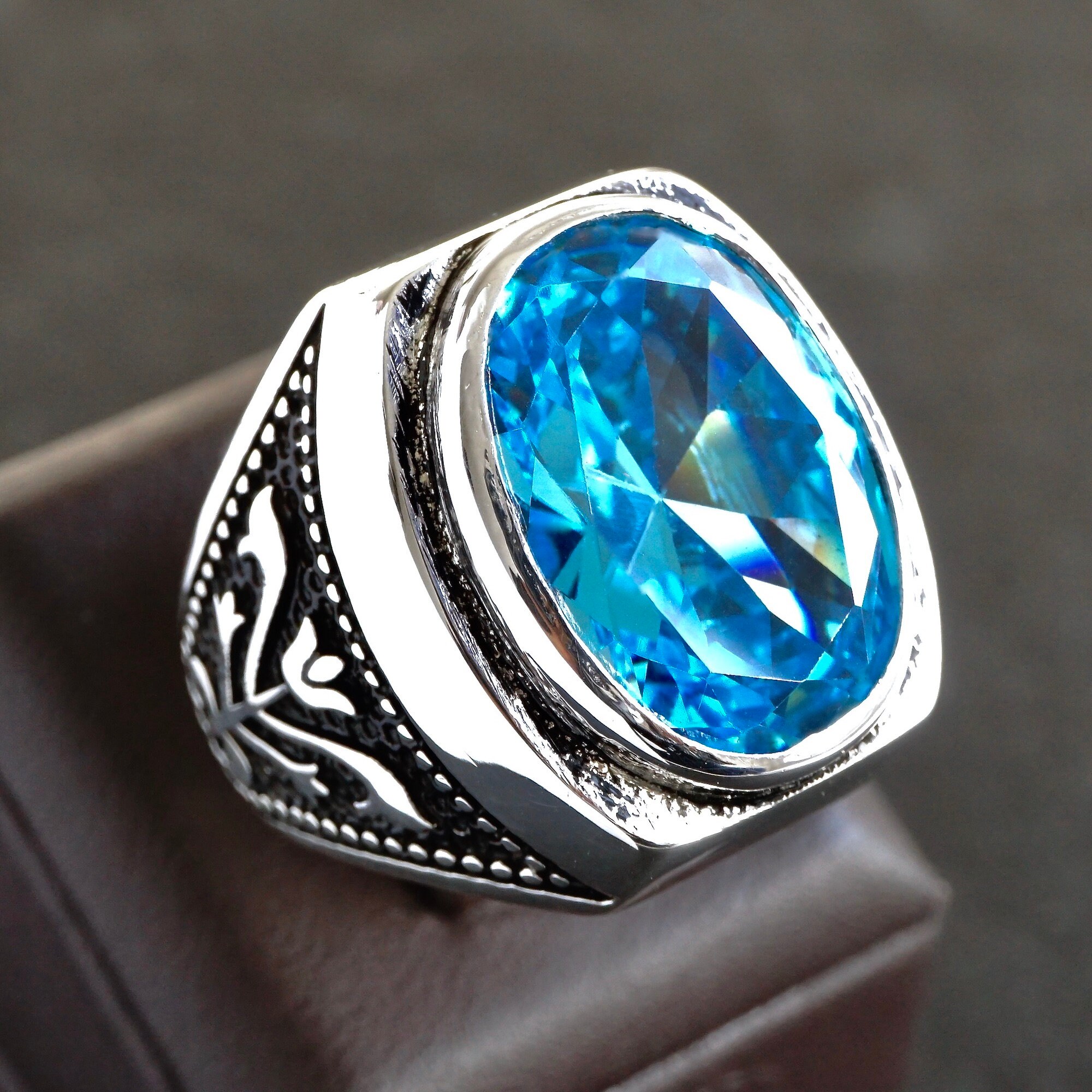 Swiss Blue Topaz Sterling Silver Ring Unique Handcrafted Mens Jewelry Size 10 Etsy Singapore
