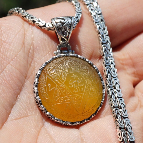 Seal of Solomon Talisman Pendant Yellow Agate Zard Aqeeq Sterling Silver 925 Kings Chain Unique Handmade Jewelry Amulet