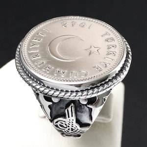 Sterling Silver Ottoman Signet Ring: Turkish 1 Lira Coin, Handmade