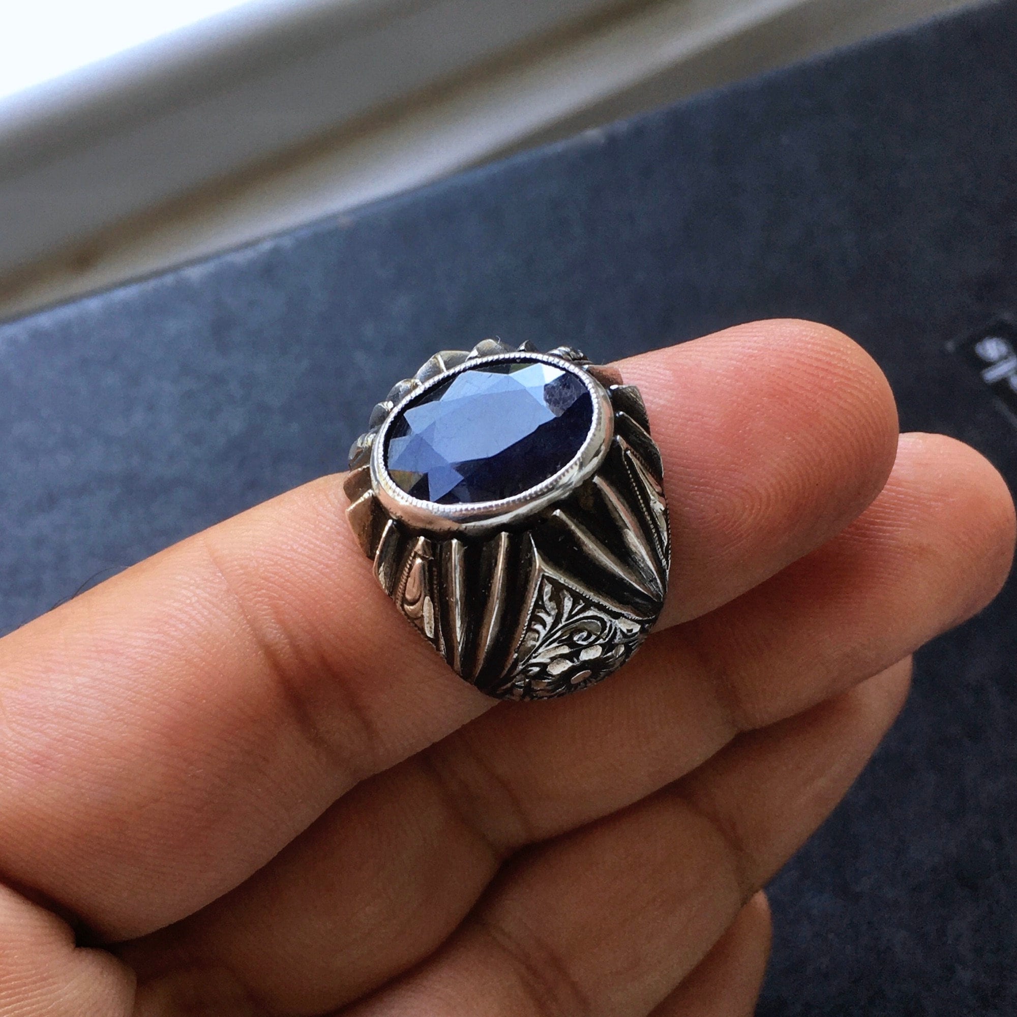 Blue Sapphire Mens Ring Sterling Silver 925 Unique
