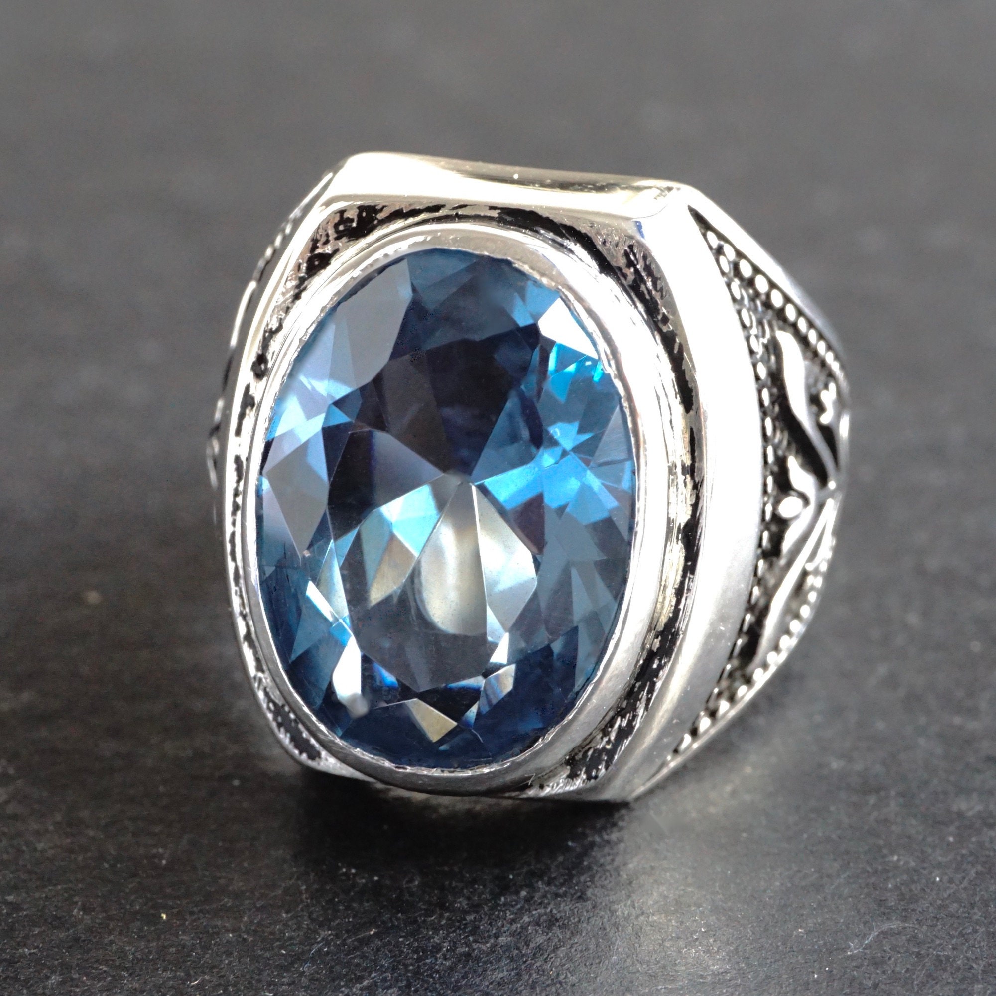 Broad Band Men's .925 Sterling Silver Ring Size 10 to 13 with Topaz Blue Stone Broad Band Men's .925 Sterling Silver Ring Size 10 to 13 with Topaz Blue Stone