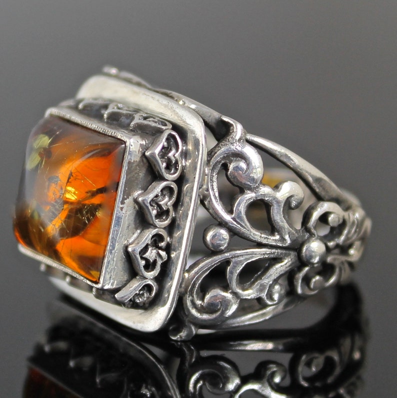 925 Sterling Silver Mens Ring Unique Handmade natural fire Amber size 9.5 US