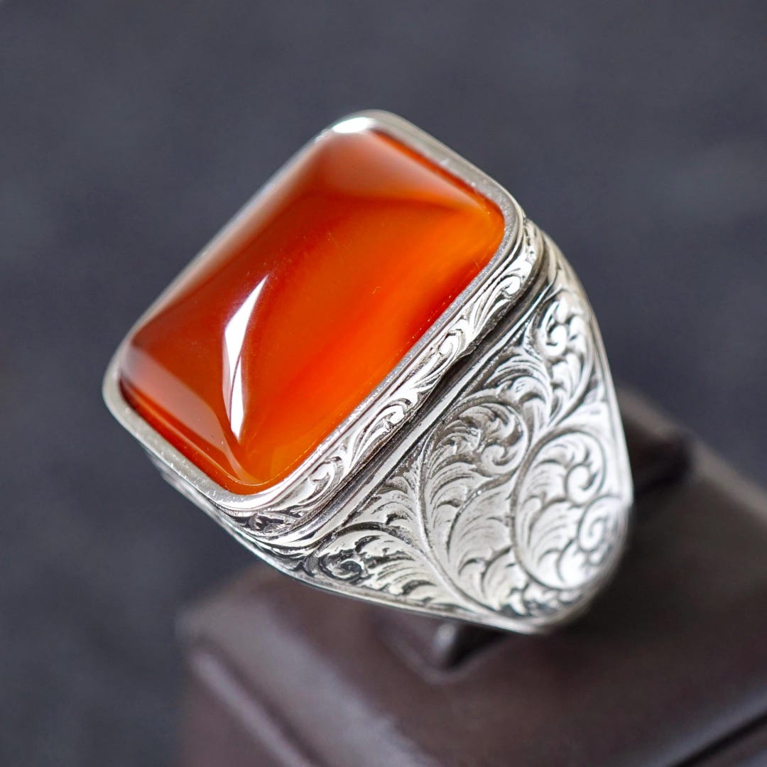 Silver Men's Carnelian Ring Solid 925 Sterling Silver Natural Aqeeq ...