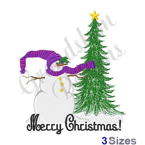May include: Embroidered design of a snowman wearing a purple hat and scarf standing next to a green Christmas tree with a yellow star on top. The text "Merry Christmas!" is below the snowman and tree.