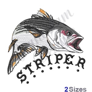 May include: Black and white embroidery design of a striped bass fish jumping out of the water with the word "Striper" in a stylized font below it.