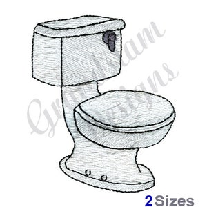 Op de afbeelding: Een wit toilet met een gesloten deksel en een handvat op de tank. Het toilet is getekend in een eenvoudige, cartoonachtige stijl.