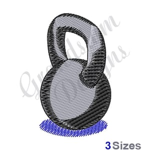 May include: A grey kettlebell with a black handle sits on a blue mat. The kettlebell is a weightlifting tool used for strength training.