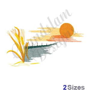 May include: An embroidery design featuring a sunset with a large orange sun, a dark blue waterline, and a field of wheat in the foreground.