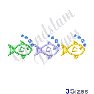 May include: Three cartoon fish swimming in a line, with blue bubbles above them. The fish are green, purple, and yellow.