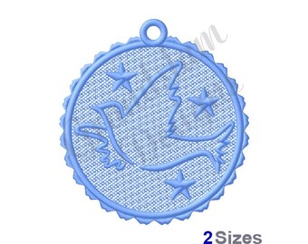 May include: Blue embroidered ornament featuring a dove and stars. The ornament is round and has a scalloped edge.