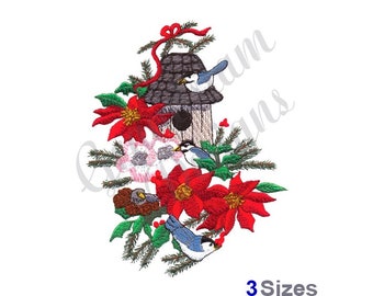 May include: Embroidered design featuring a birdhouse with a red ribbon, surrounded by poinsettia flowers, holly berries, and pine branches. Three blue birds are perched on the birdhouse and branches.