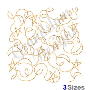 May include: A digital embroidery design featuring a repeating pattern of stars and vines. The design is outlined in gold thread and is perfect for creating a unique and stylish embroidery project.