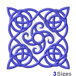 Può includere: Un disegno di nodo celtico blu a forma quadrata con dettagli intricati. Il nodo è composto da una serie di anelli e volute intrecciati.