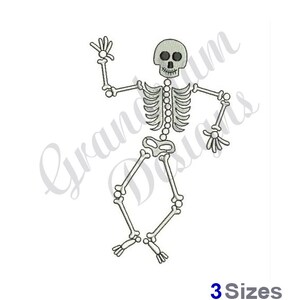 May include: A white skeleton with a black skull is waving. The skeleton is in a dancing pose with one leg raised.