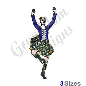 May include: An embroidered design of a woman in a blue and green kilt, performing a Highland dance with arms raised.
