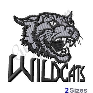 May include: Black and white embroidered design of a snarling wildcat with the word "WILDCATS" in a bold, stylized font below. The design is available in two sizes.
