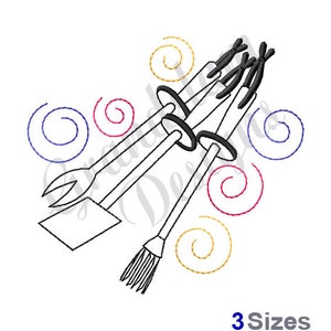 May include: A black and white line art embroidery design of three kitchen tools, a spatula, a whisk, and a fork, with a ring holding them together. The design is surrounded by colorful swirls.