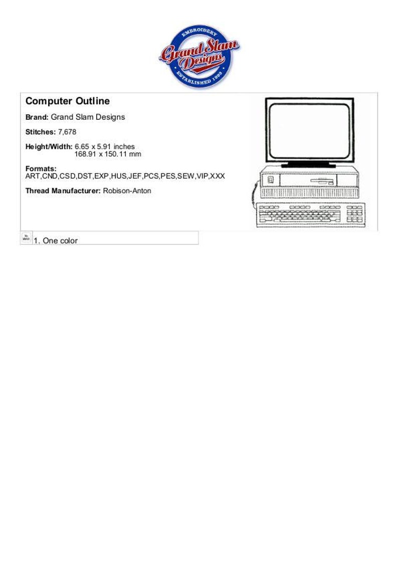 Peut inclure: Illustration en noir et blanc d'un ordinateur vintage avec un moniteur, un clavier et un lecteur de disquettes. L'image est intitul&eacute;e "Computer Outline" et comprend des d&eacute;tails sur la marque, les points, la taille, les formats et le fabricant du fil.