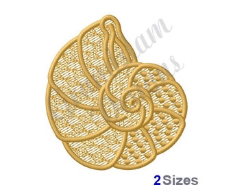 May include: Gold embroidery design of a seashell with a detailed, intricate pattern. This design is perfect for adding a touch of elegance to any project.